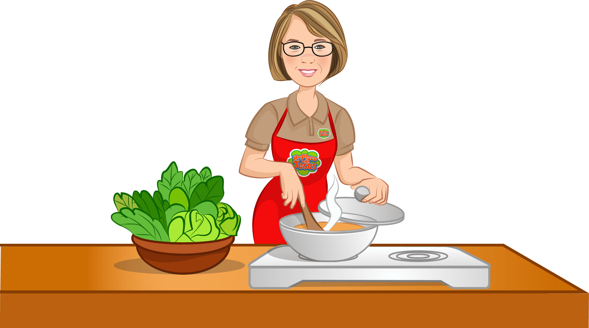 Ms Melissa, a blonde woman wearing glasses, a tan polo shirt, black skirt, red apron standing at a stove cooking something in a silver pan, with a brown bowl full of green lettuce sitting on the counter next to her