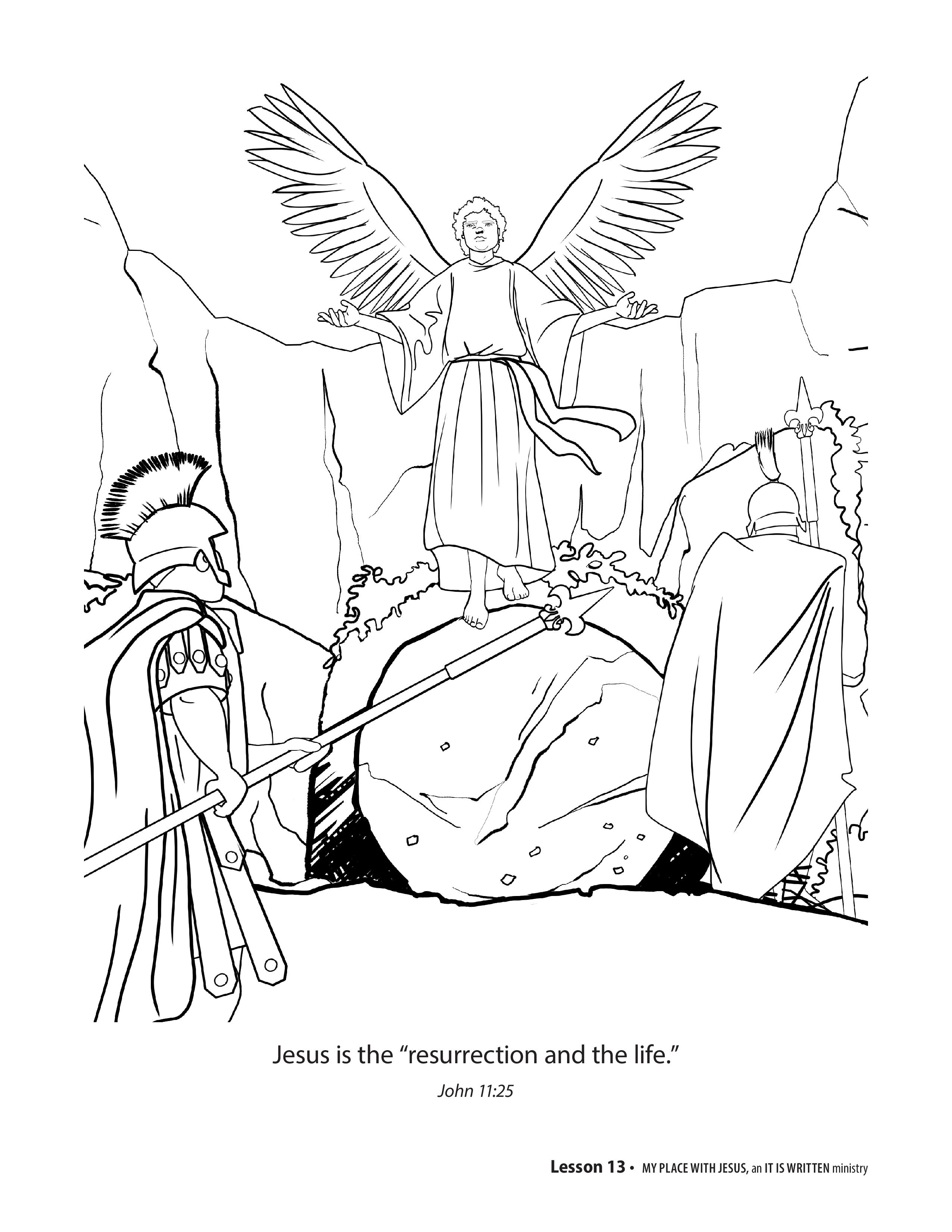 printable coloring page - Jesus tomb with soldiers and an angel