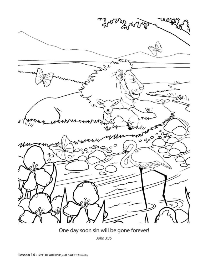 printable coloring page - garden scene with lion and lamb