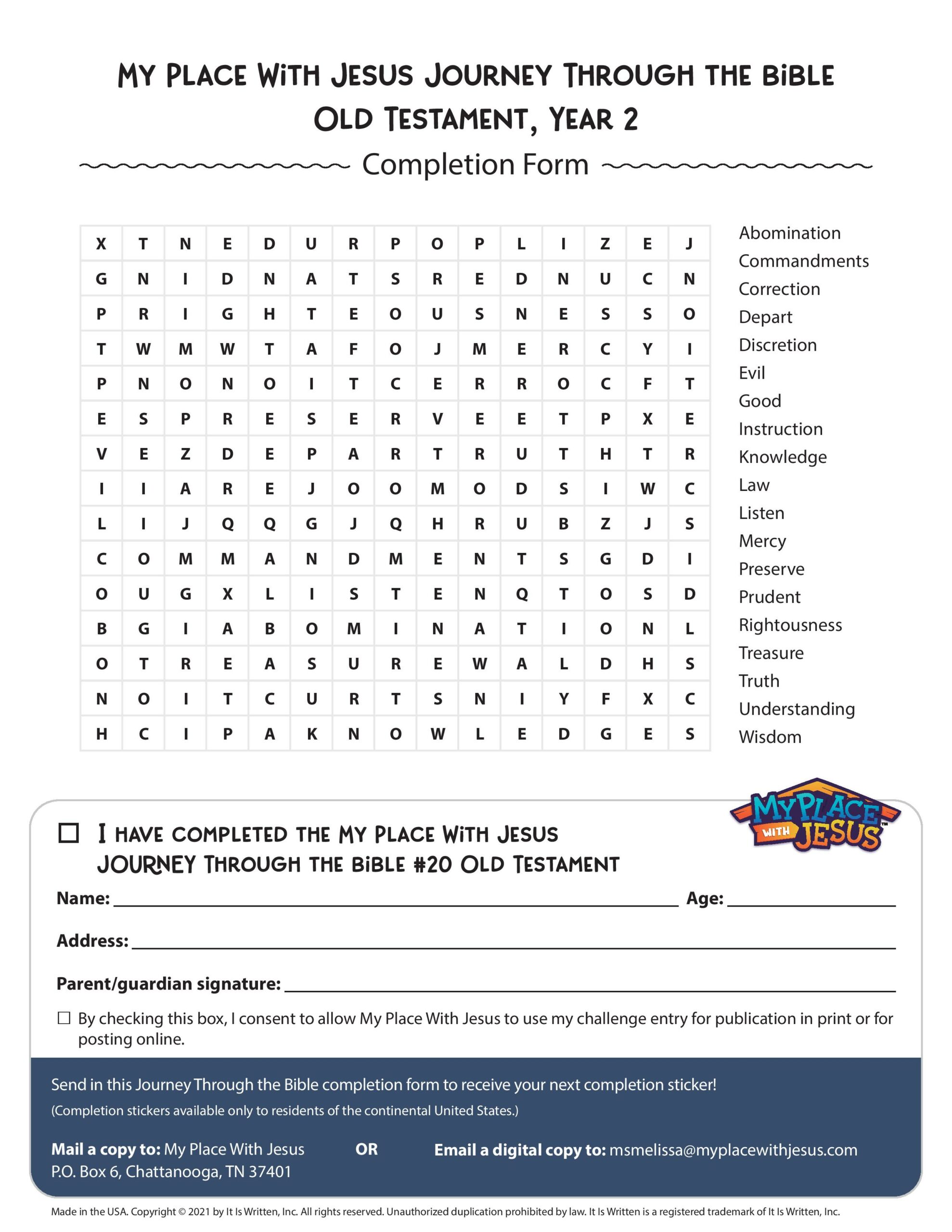 Journey through the Bible 20 wordsearch