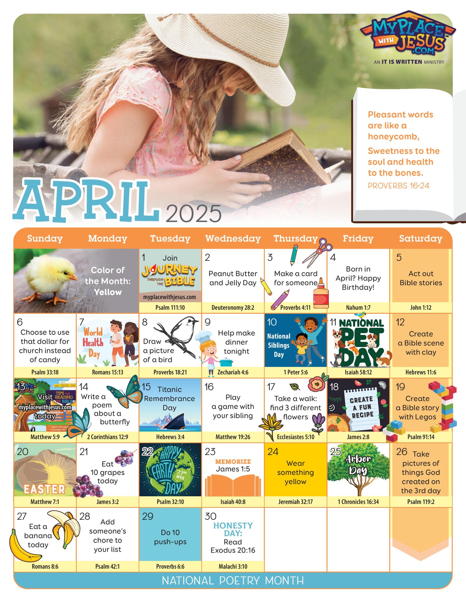 April 2025 activity calendar with something new and fun to discover for each day.