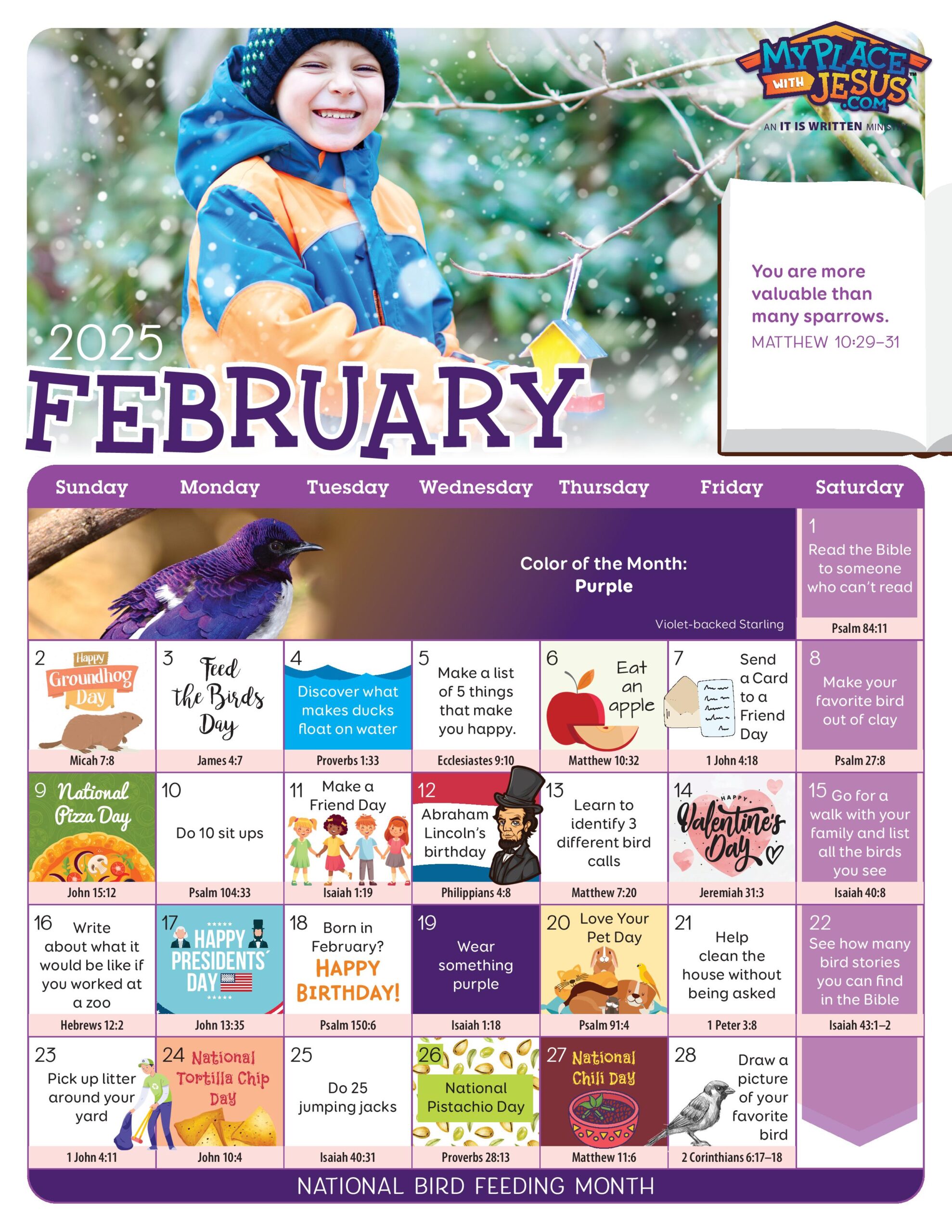 February 2025 activity calendar with something new and fun to discover for each day.