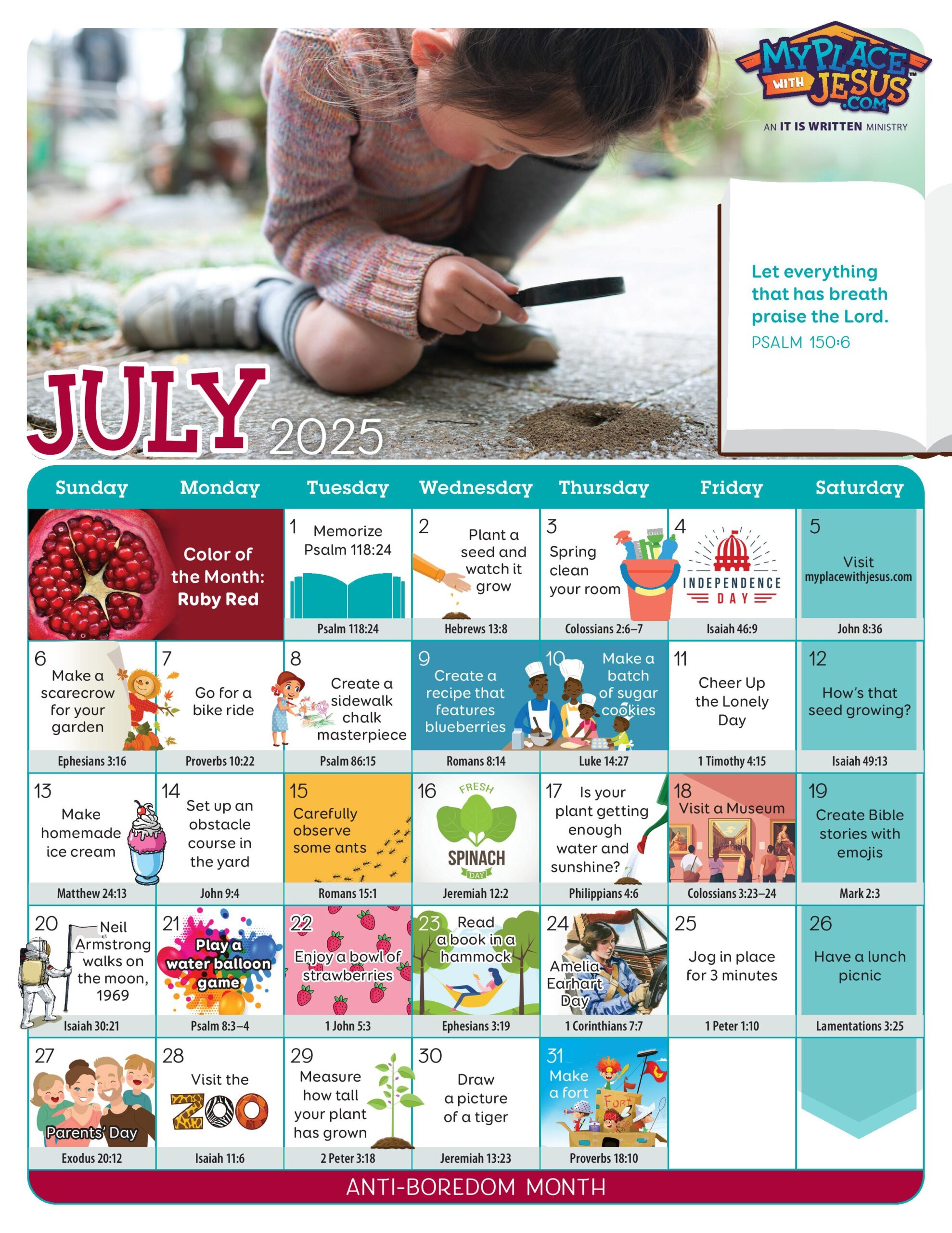 July 2025 activity calendar with something new and fun to discover for each day.