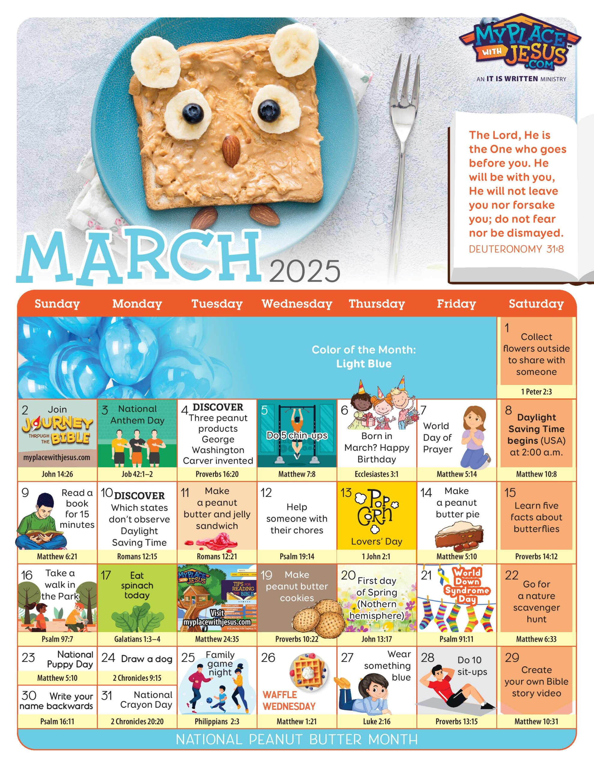 March 2025 activity calendar with something new and fun to discover for each day.