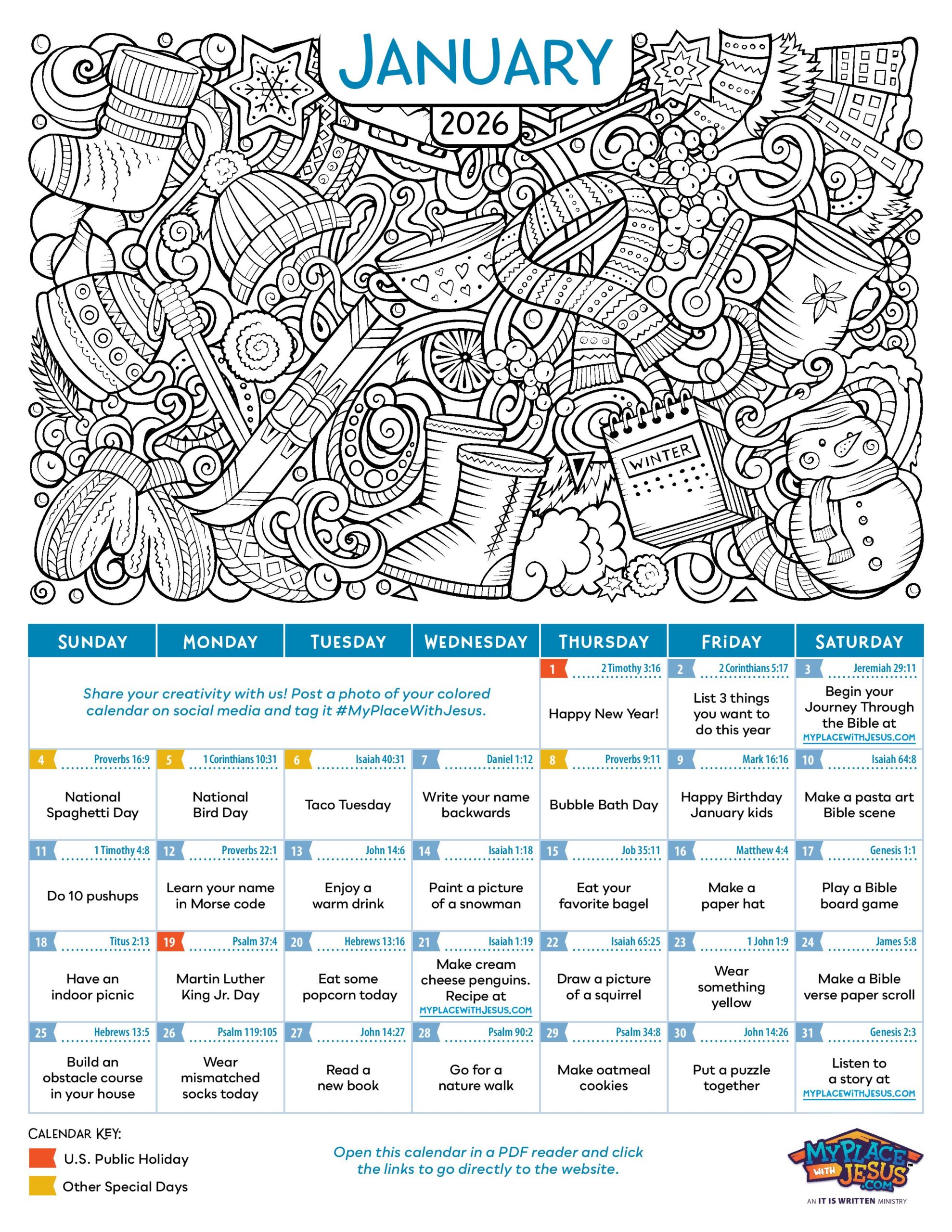 January 2026 Activity Calendar with something new to do on every day