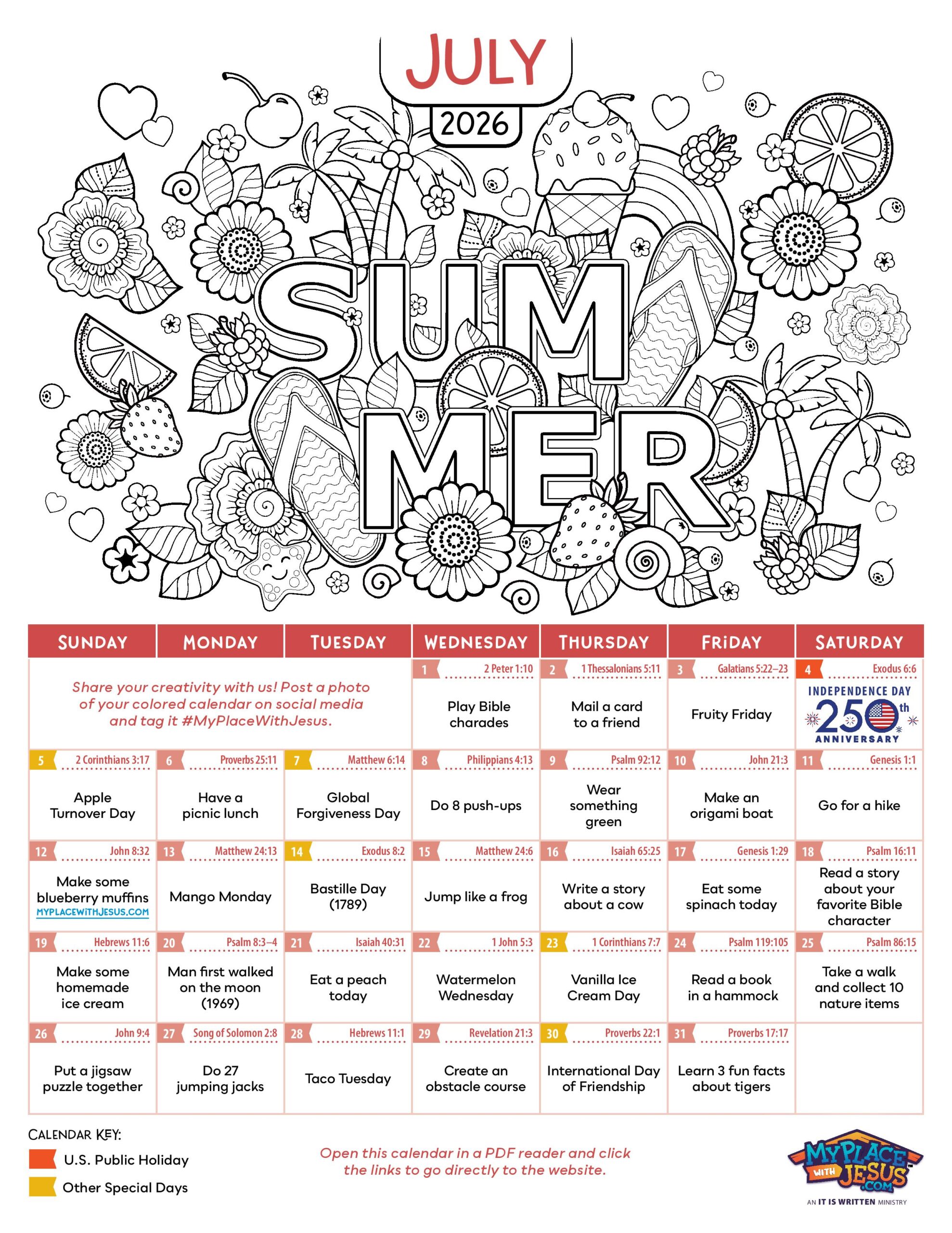 July 2026 Activity Calendar with something new to do on every day