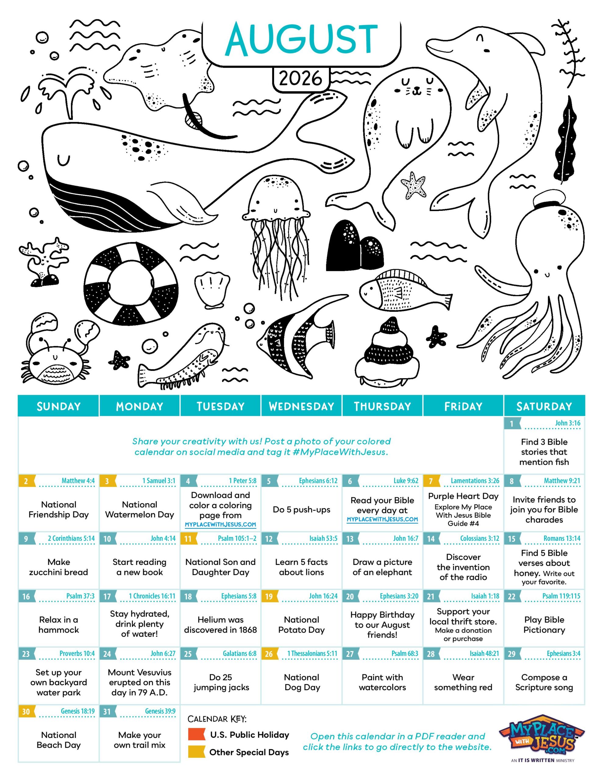 August 2026 Activity Calendar with something new to do on every day